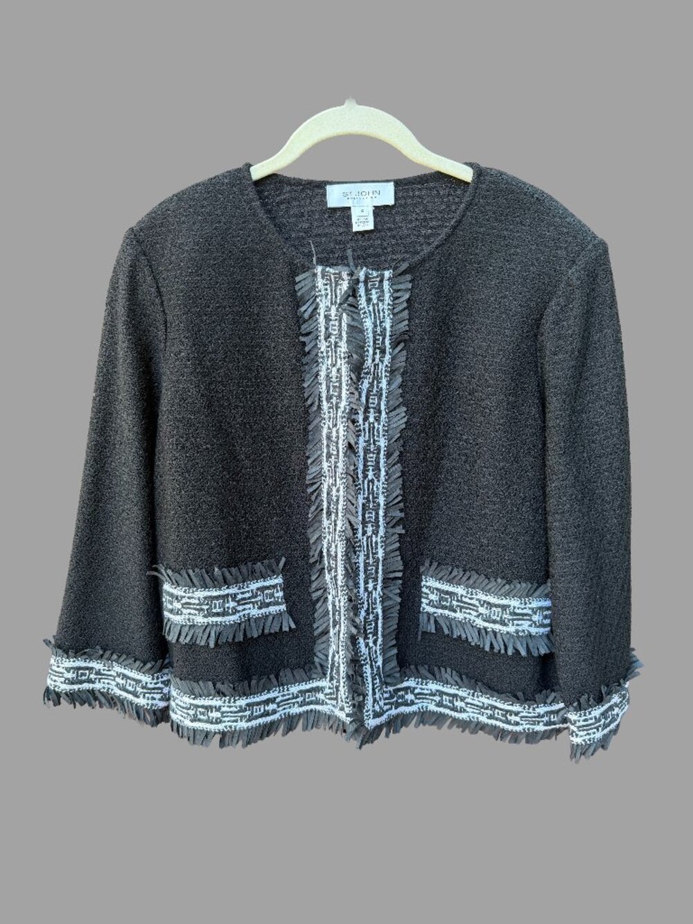 St John Collection Black Bouclé Knit Fringe Jacket Chanel Style Size 12 NWOT